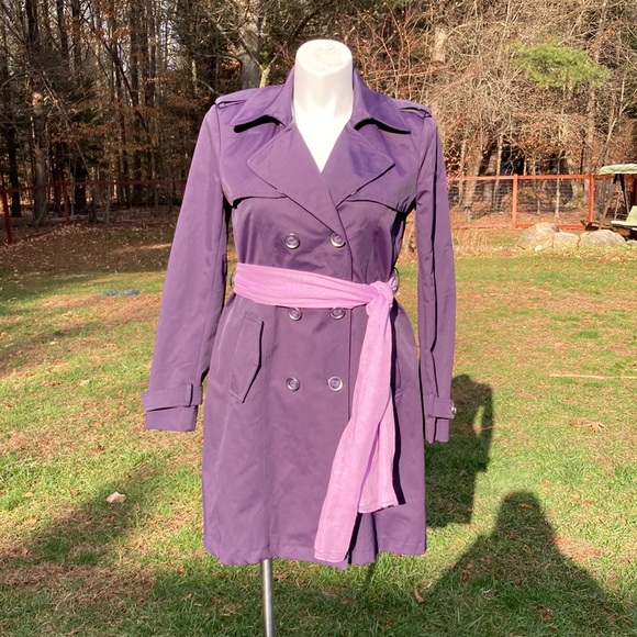 Jones New York dark plum double breasted trench with rain fly size L - Picture 1 of 10